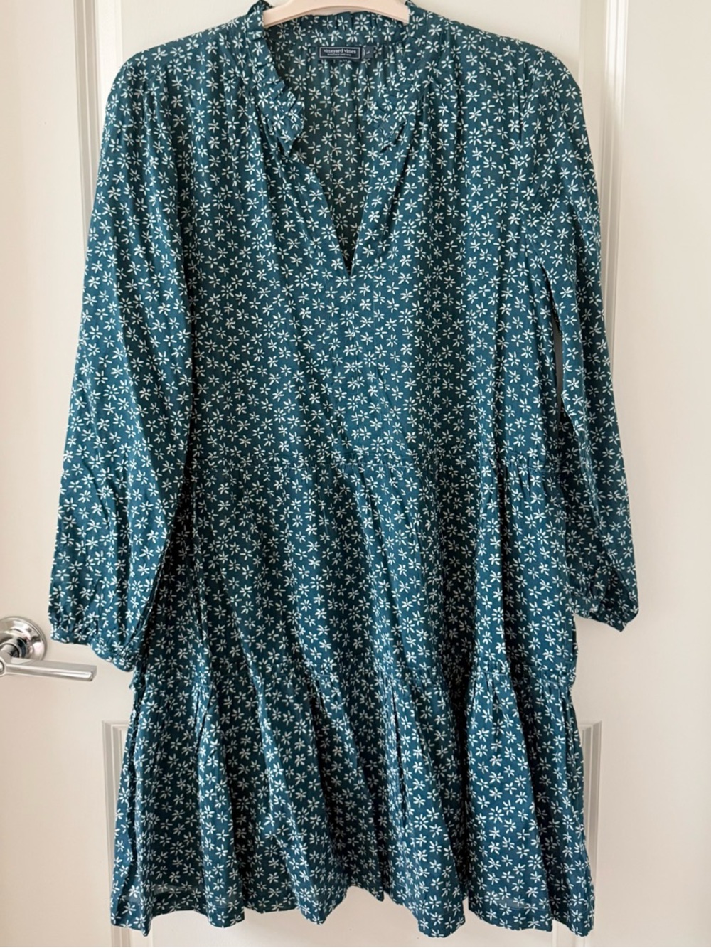 Vineyard Vines Teal Floral Long Sleeve Tiered Dress